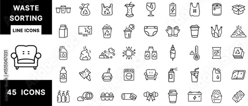 Waste Sorting Line Icons Set Featuring Garbage Types, Recycling Categories, Hazardous Waste, Food Scraps, Batteries, Diapers, Electronics, and Household Trash