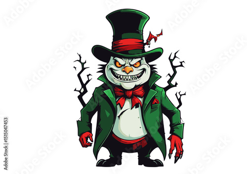 Sinister Grinning Cat in Top Hat Spooky Halloween Illustration