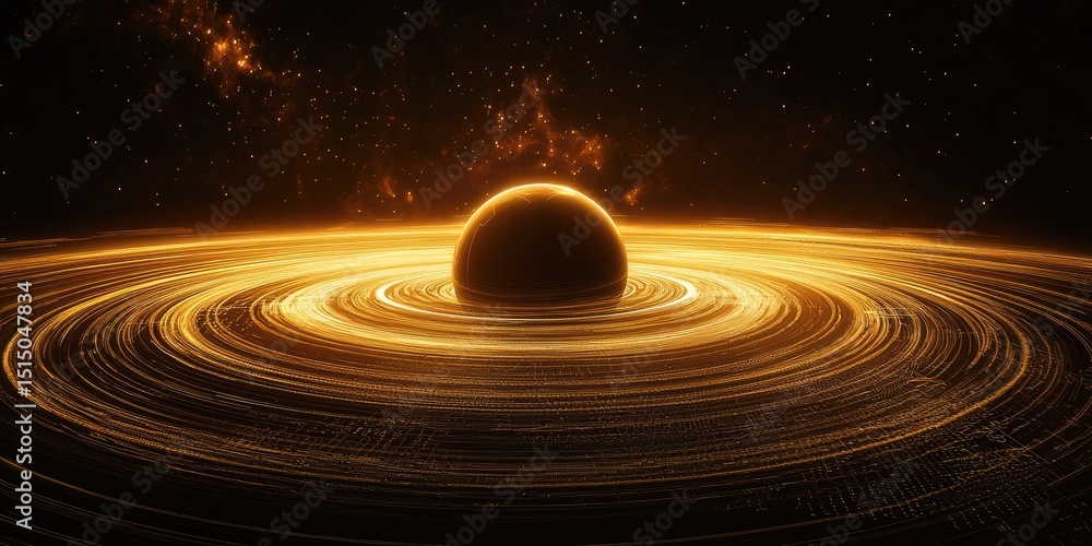 Fototapeta premium High-tech, artificial planet surrounded by ethereal rings of light, with energy grids and digital patterns etched on its surface.