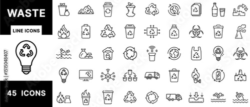Waste Line Icons Set Featuring Recycling, Garbage, E-Waste, Landfill, Biohazard, Compost, Trash Bins, Eco-Cycle, Burning Waste, and Environmental Disposal Symbols