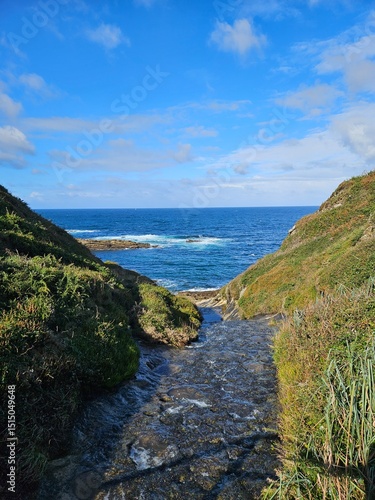 Small stream flowing into the ocean between green cliffs under a blue sky