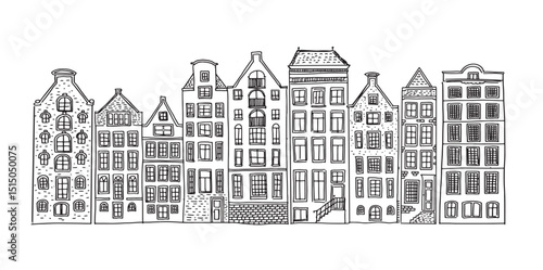 Houses facades in a row, Amsterdam hand drawn illustration.	
