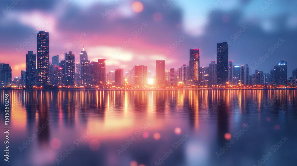 Fototapeta premium vibrant city skyline at sunset with blurred reflections on water creates serene atmosphere