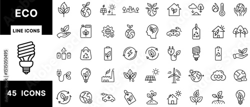 Eco Line Icons Set Featuring Green Energy, Sustainability, Recycle Symbols, Electric Vehicles, Solar Power, Eco-Friendly Living, and Environmental Conservation