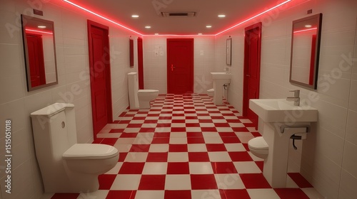 Modern restroom with red and white checkered floor, illuminated mirrors, and bright red doors