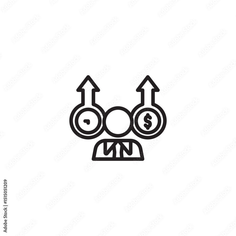 An outline icon showing a person with an upward arrow in a circle on either side, one with a clock and the other with a dollar sign. This symbolizes improved time management and financial growth. An outline icon showing a person with an upward arrow in a circle on either side, one with a clock and the other with a dollar sign. This symbolizes improved time management and financial growth.