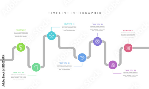 Business road map timeline infographic concept. with icons and 7 options, Business Presentation, workflow layout, diagram, report, web design. Creative, vector, illustration.