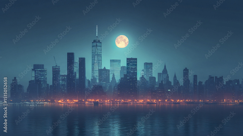 Fototapeta premium stunning city skyline silhouette at dusk, illuminated by bright full moon reflecting on water