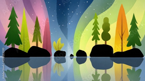 Vibrant Abstract Landscape with Trees and Colorful Aurora Reflections in Calm Water