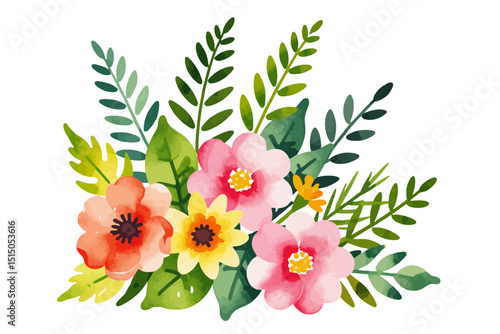 Watercolor Flower Bouquet Illustration - Hand Painted Floral Arrangement with Pink, Yellow, and Orange Flowers - Botanical Art for Spring and Summer Designs