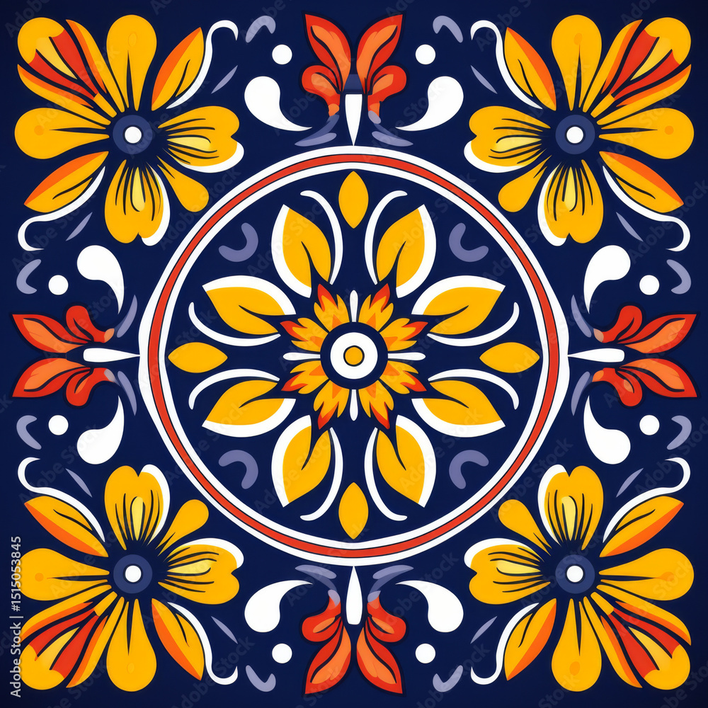Mexican ceramic tile set with floral and geometric decorative blue red and yellow pattern Mexican ceramic tile set with floral and geometric decorative blue red and yellow pattern