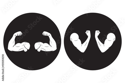 Muscle icon. Bicep symbol. Strong arm vector illustration. Gym logo. Bodybuilding fitness concept. Athlete flexing hand sign. Muscular power pictogram isolated on a white and black background.