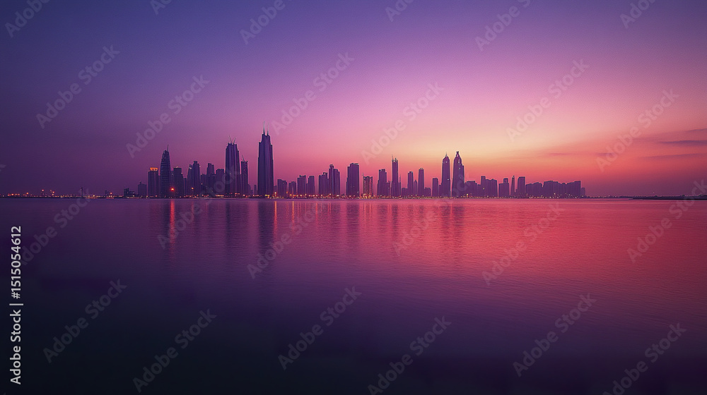 Fototapeta premium stunning skyline view of Dubai at dusk, showcasing vibrant colors reflecting on water