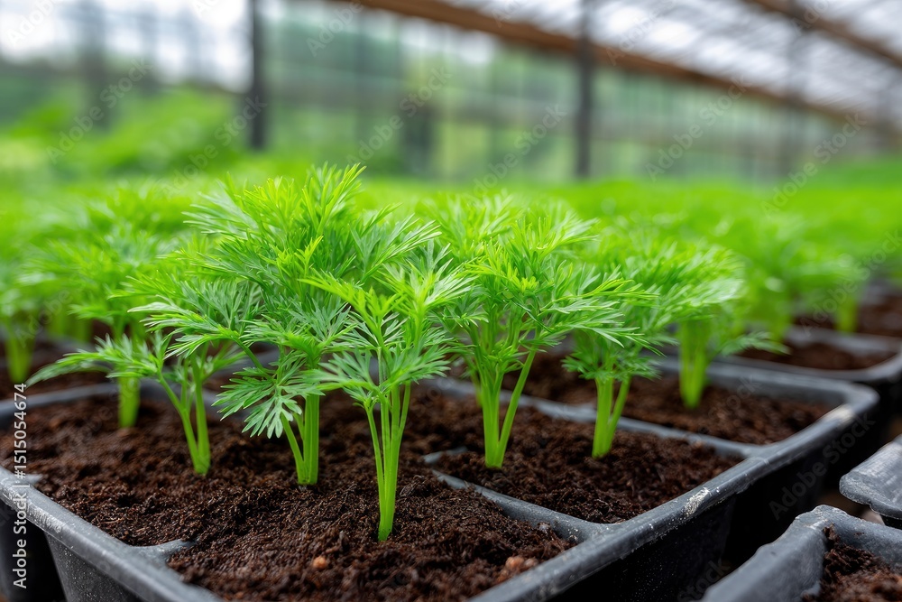 Rows of bright green seedling plants in dark soilfilled black trays under a greenhouse structure Rows of bright green seedling plants in dark soilfilled black trays under a greenhouse structure
