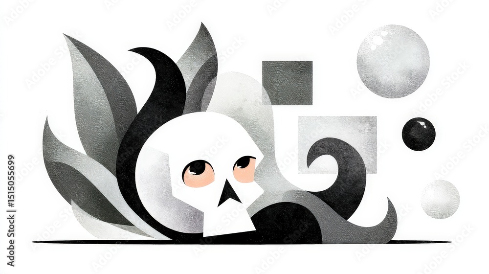 Fototapeta premium Abstract Skull Design with Geometric Shapes and Organic Elements in Monochrome Colors