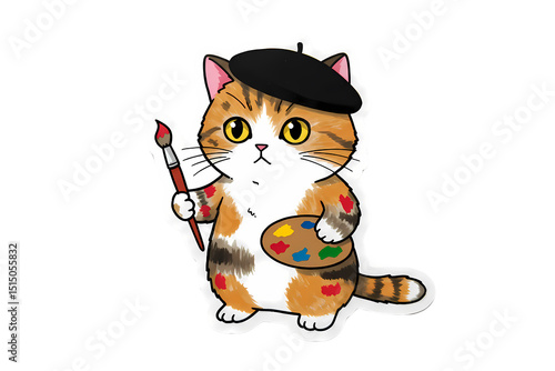 Adorable Artist Cat Transparent Background Sticker Design