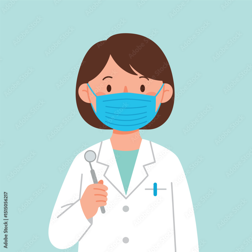 Fototapeta premium Simple Cartoon Illustration of a Friendly Dentist with Face Mask and Dental Mirror