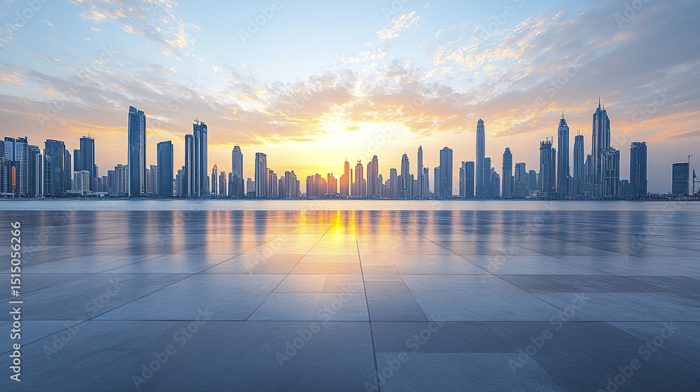 stunning view of modern city skyline at sunset, reflecting on smooth floor stunning view of modern city skyline at sunset, reflecting on smooth floor