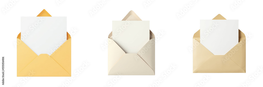 Colorful Set of Open Envelopes with Blank Inserts Featuring Yellow, Cream, and Tan Options Isolated on transparent Background Perfect for Stationery Designs and Invitations Colorful Set of Open Envelopes with Blank Inserts Featuring Yellow, Cream, and Tan Options Isolated on transparent Background Perfect for Stationery Designs and Invitations