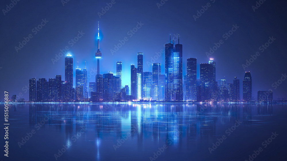 Fototapeta premium Futuristic city skyline with glowing lights reflecting on water, creating serene atmosphere