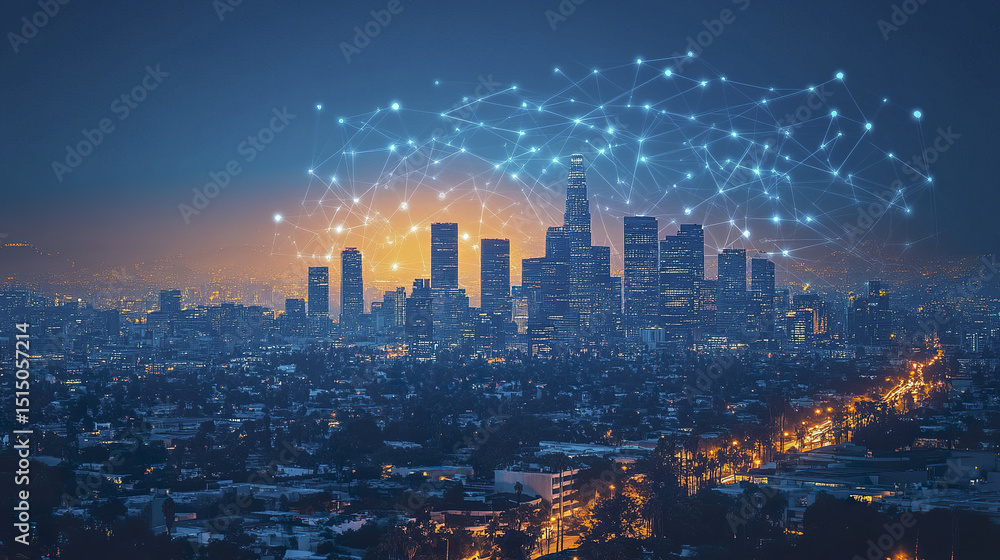 Obraz premium Futuristic city skyline with glowing digital lines and network connections at dusk
