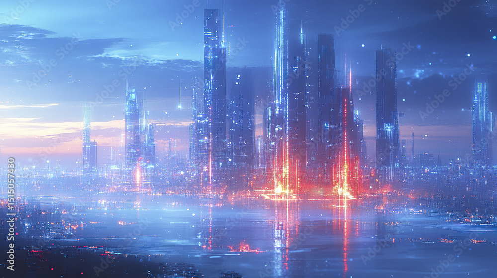 Obraz premium Futuristic city skyline with glowing lights and digital elements reflecting on water