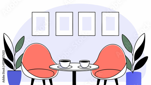 Modern cafe interior with two chairs and coffee cups