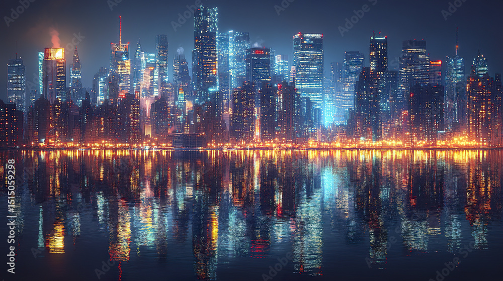 Fototapeta premium stunning cityscape night with vibrant lights reflecting water, creating mesmerizing atmosphere