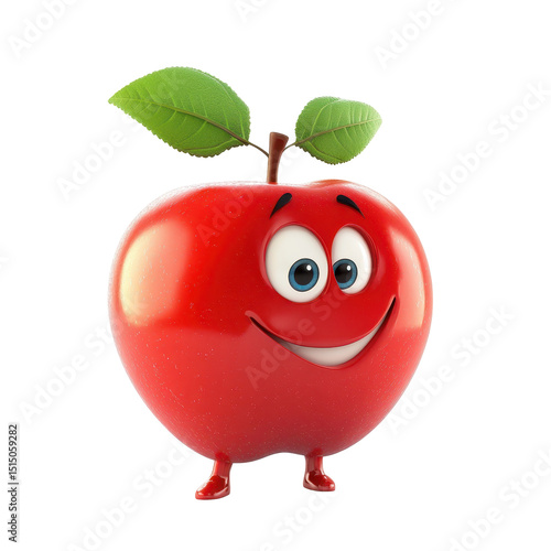Cheerful cartoon apple with legs and smiling face displaying vibrant red color and green leaves against a white background