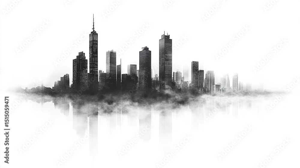 Naklejka premium stunning silhouette of city skyline emerging from fog, creating mysterious atmosphere