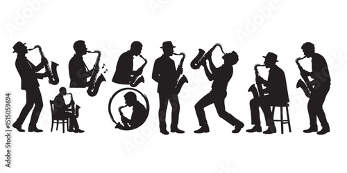 Man playing saxophone vector silhouettes set black color isolated on white background