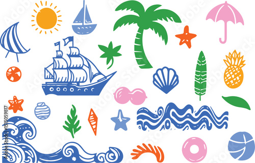 Abstract modern vector sea ocean vacation elements in simple wavy and groovy naive style. Design vintage trendy templates vector