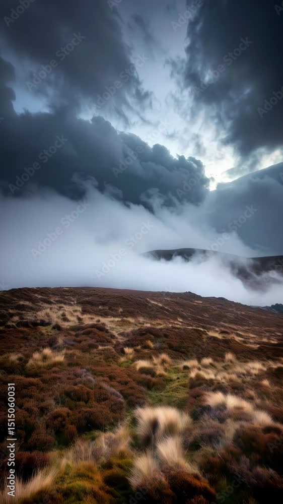 Misty moorland landscape with dramatic clouds, heather covered hills, and fog rolling over terrain creating a moody and atmospheric scene. Misty moorland landscape with dramatic clouds, heather covered hills, and fog rolling over terrain creating a moody and atmospheric scene.