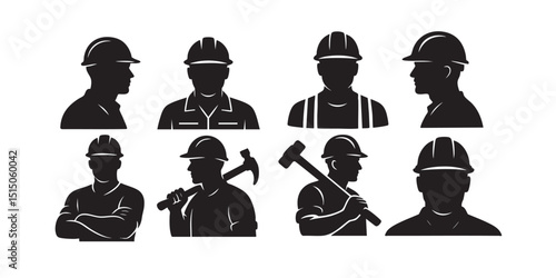 Construction worker with helmet vector silhouettes set black color isolated on white background