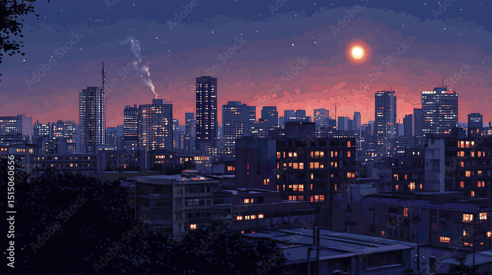 Fototapeta premium vibrant cityscape at night, showcasing illuminated buildings and glowing sunset
