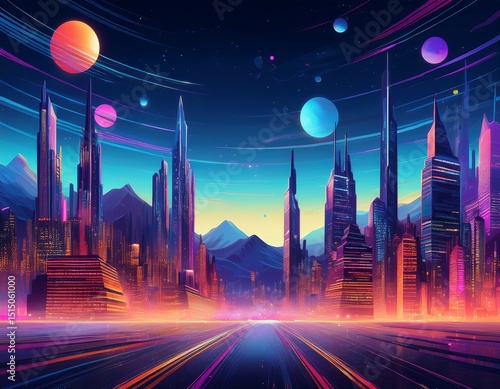 futuristic cityscape at night with vibrant skyscrapers and mountains
