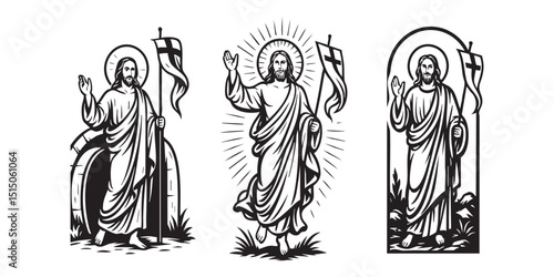 Jesus resurrecting from the tomb  vector illustration set black color isolated on white background