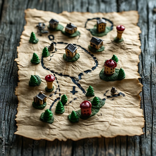 Miniature village map on weathered parchment