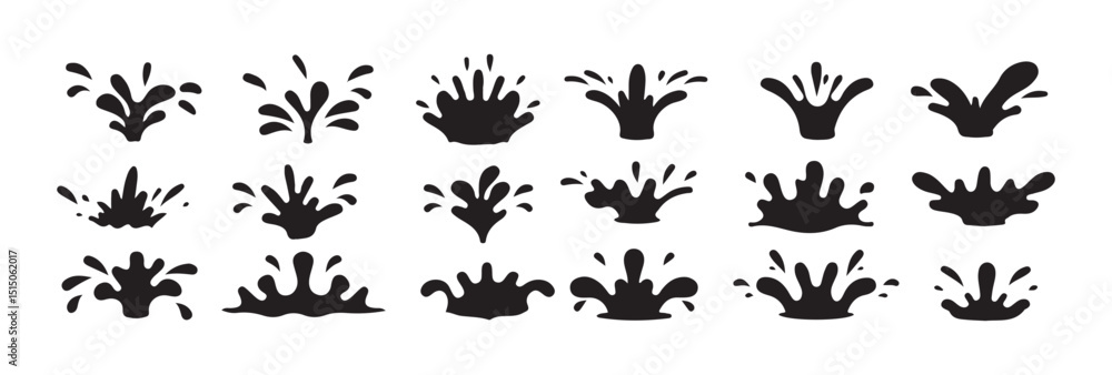 Naklejka premium Set of collection splash icon symbol. Water drops shapes, liquid burst splashes and ink blot hand drawn vector