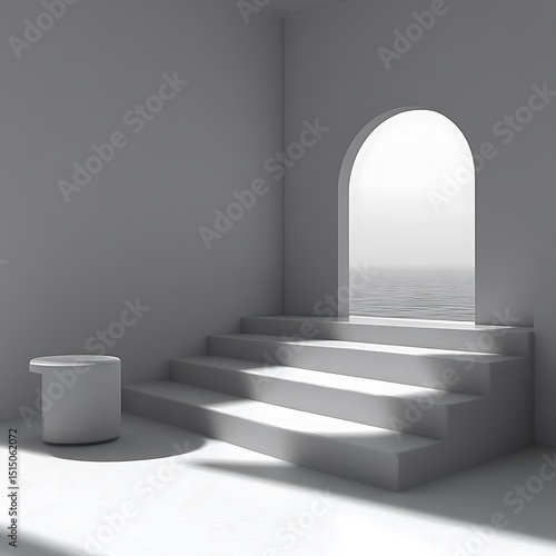 Minimalist  modern space with arch window  steps  and circular table.  A serene  neutral  and airy setting