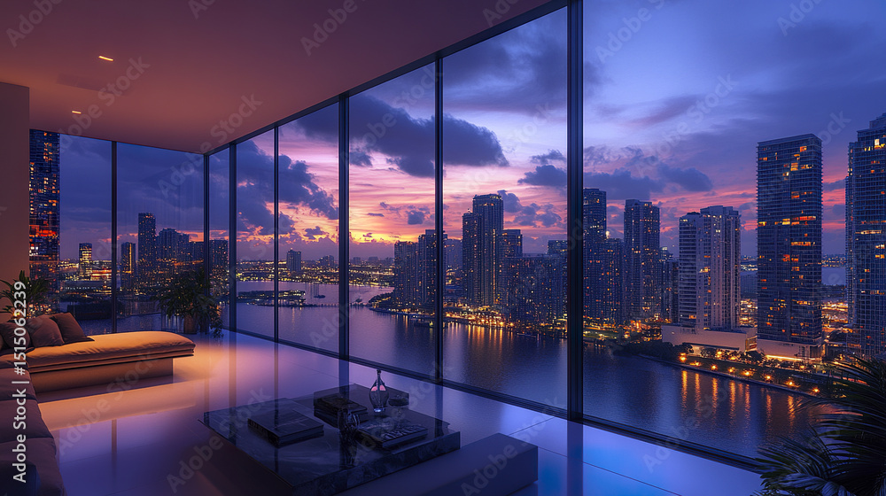 Obraz premium Luxurious apartment with breathtaking city skyline view at sunset, creating serene atmosphere