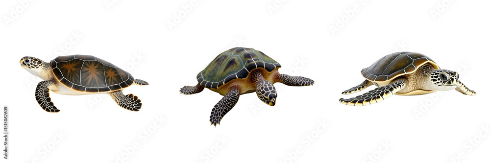 Fototapeta premium Realistic 3D Renderings of Three Distinct Sea Turtles in Various Poses with Detailed Shell Patterns and Textures Against a Solid transparent Background