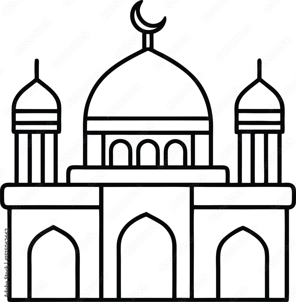 Mosque Outline: A minimalist black and white outline of a mosque with a crescent moon, showcasing its iconic dome and minarets. Mosque Outline: A minimalist black and white outline of a mosque with a crescent moon, showcasing its iconic dome and minarets.