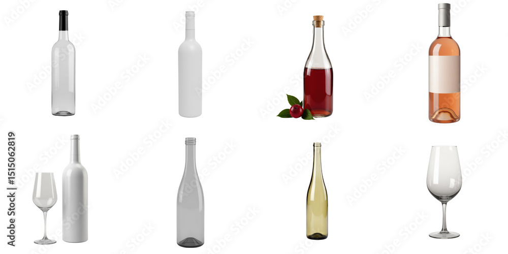 Collection of Transparent Bottles and Glasses Featuring Various Shapes, Wine Bottles with Different Colors, and a Glass on a transparent Background for Graphic Design Use Collection of Transparent Bottles and Glasses Featuring Various Shapes, Wine Bottles with Different Colors, and a Glass on a transparent Background for Graphic Design Use