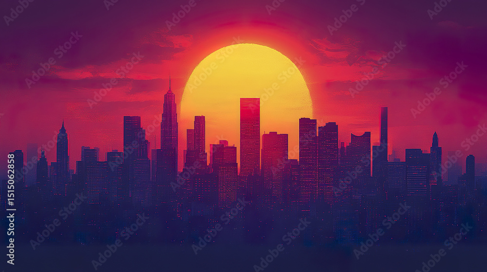 vibrant sunset casts warm glow over city skyline, creating stunning silhouette vibrant sunset casts warm glow over city skyline, creating stunning silhouette
