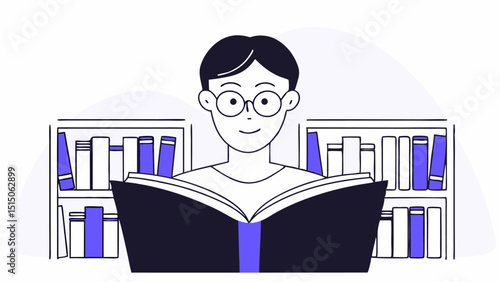 Young person reading book in library setting