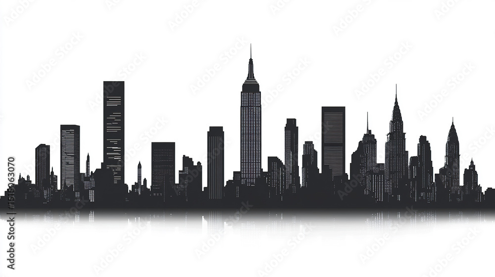 Naklejka premium stunning skyline silhouette featuring iconic skyscrapers against white background, evoking sense