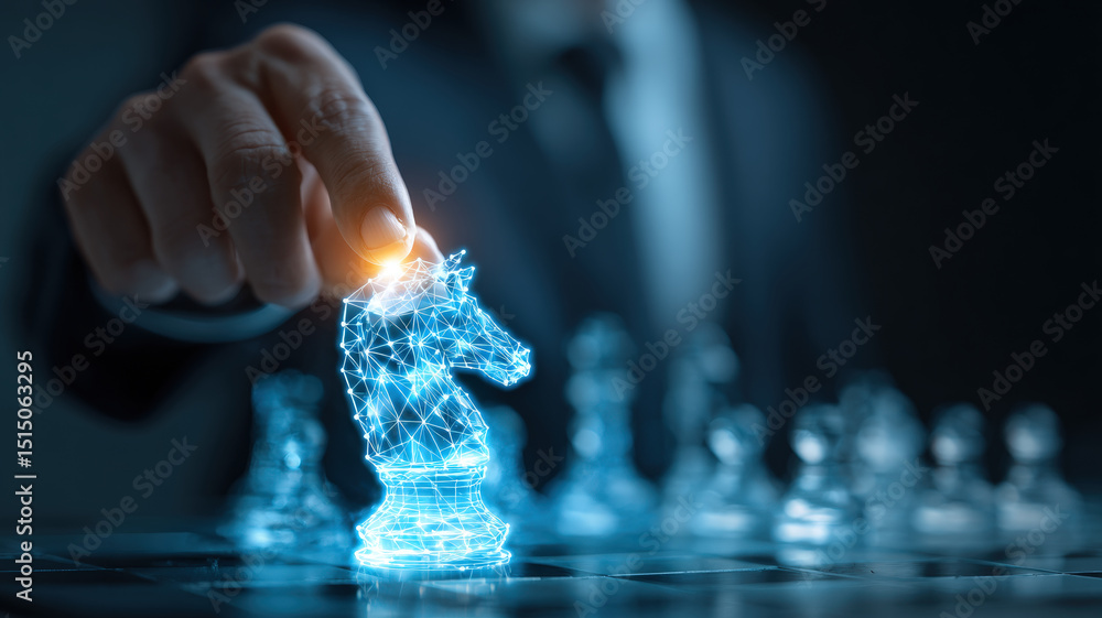 Fototapeta premium Close-up of businessman holding glowing blue digital chess knight hologram representing AI, strategy, innovation, and leadership.