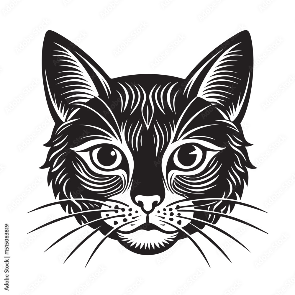 Stylized Black and White Cat Head Illustration with Intricate Lines Stylized Black and White Cat Head Illustration with Intricate Lines