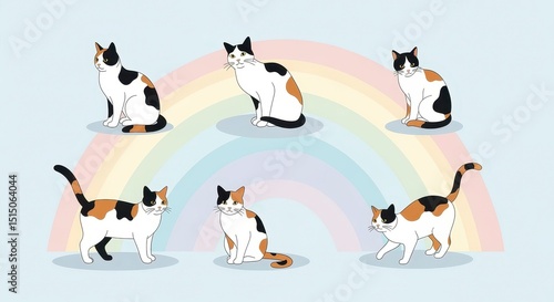 Adorable Calico Cats with Colorful Rainbows and Whimsical Background